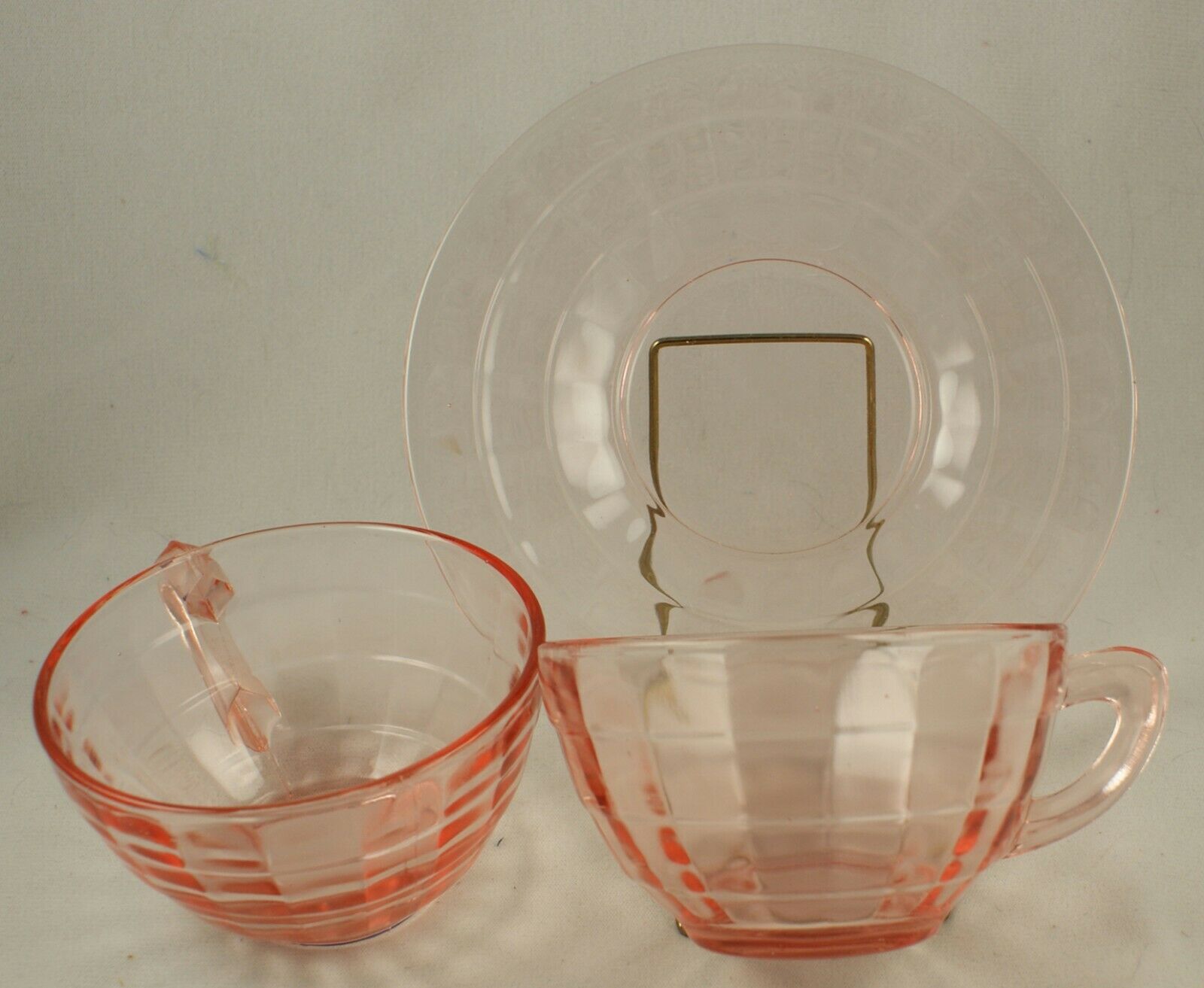 Hocking Pink Depression Glass Block Optic 2 Cups & 1 Saucer