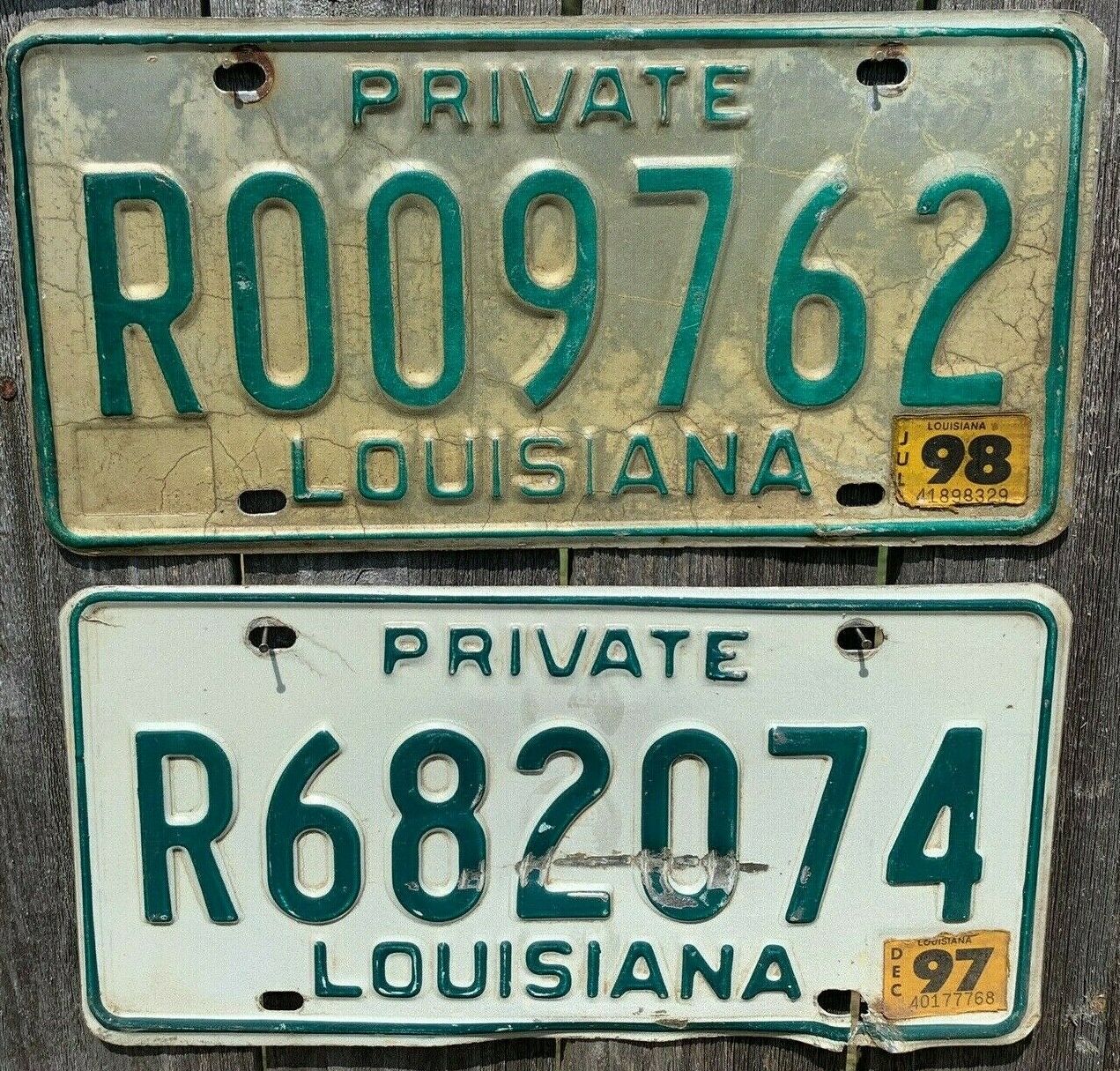 1997-1998 Louisiana License Plates Lot Of 2, #'s R009762, R682074