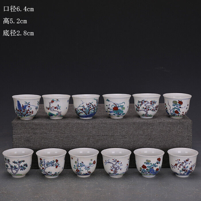 A Set 12 Beautiful Chinese Doucai Twelve Flower Gods Design Porcelain Cups