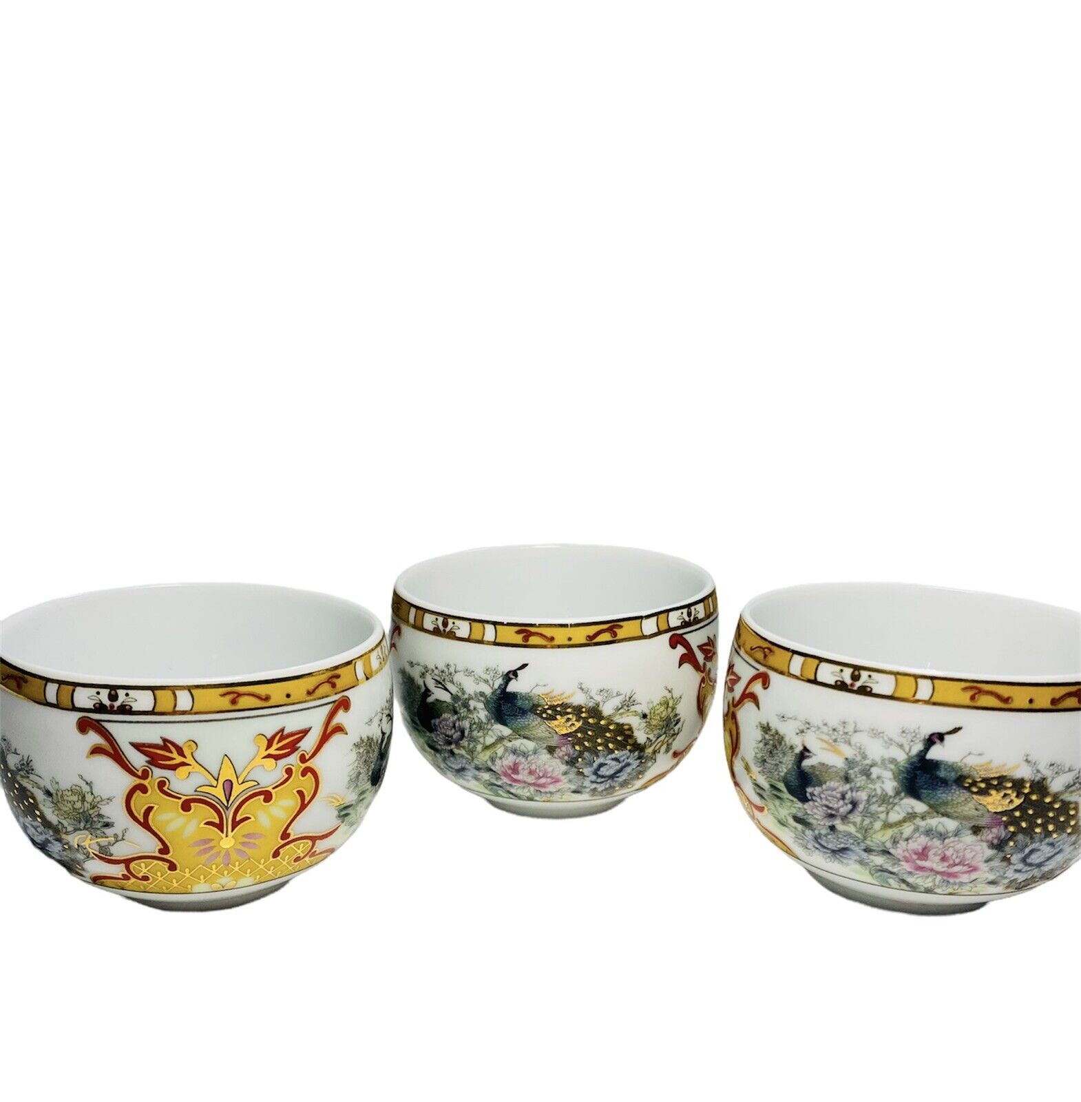Vintage Of 3 Chinese Or Japanese Peacock Tea Coffee Cups Gold Floral Red