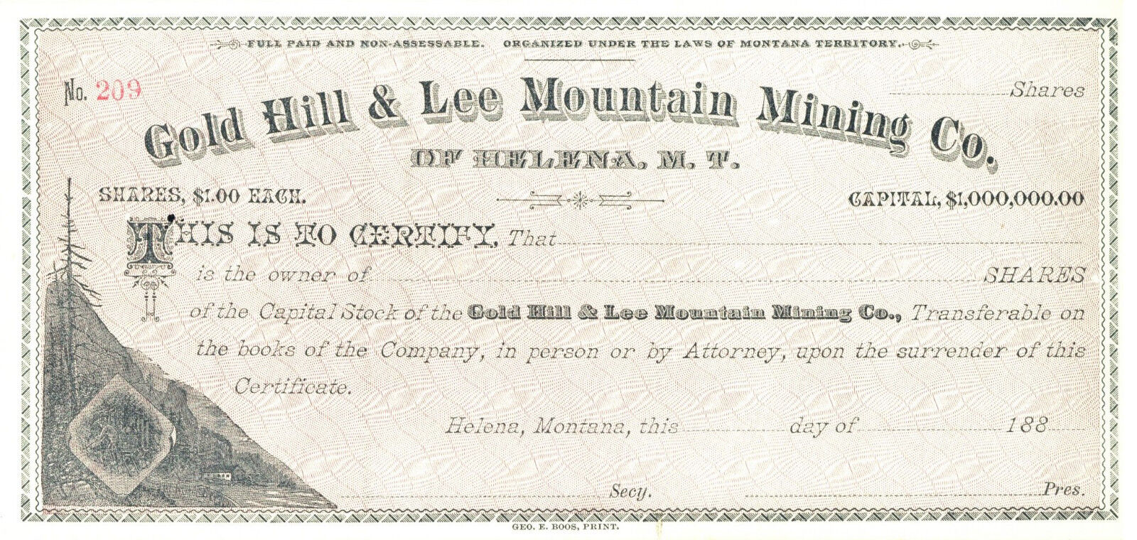 Gold Hill & Lee Mountain Mining Company. Stock Certificate. Helena, Montana