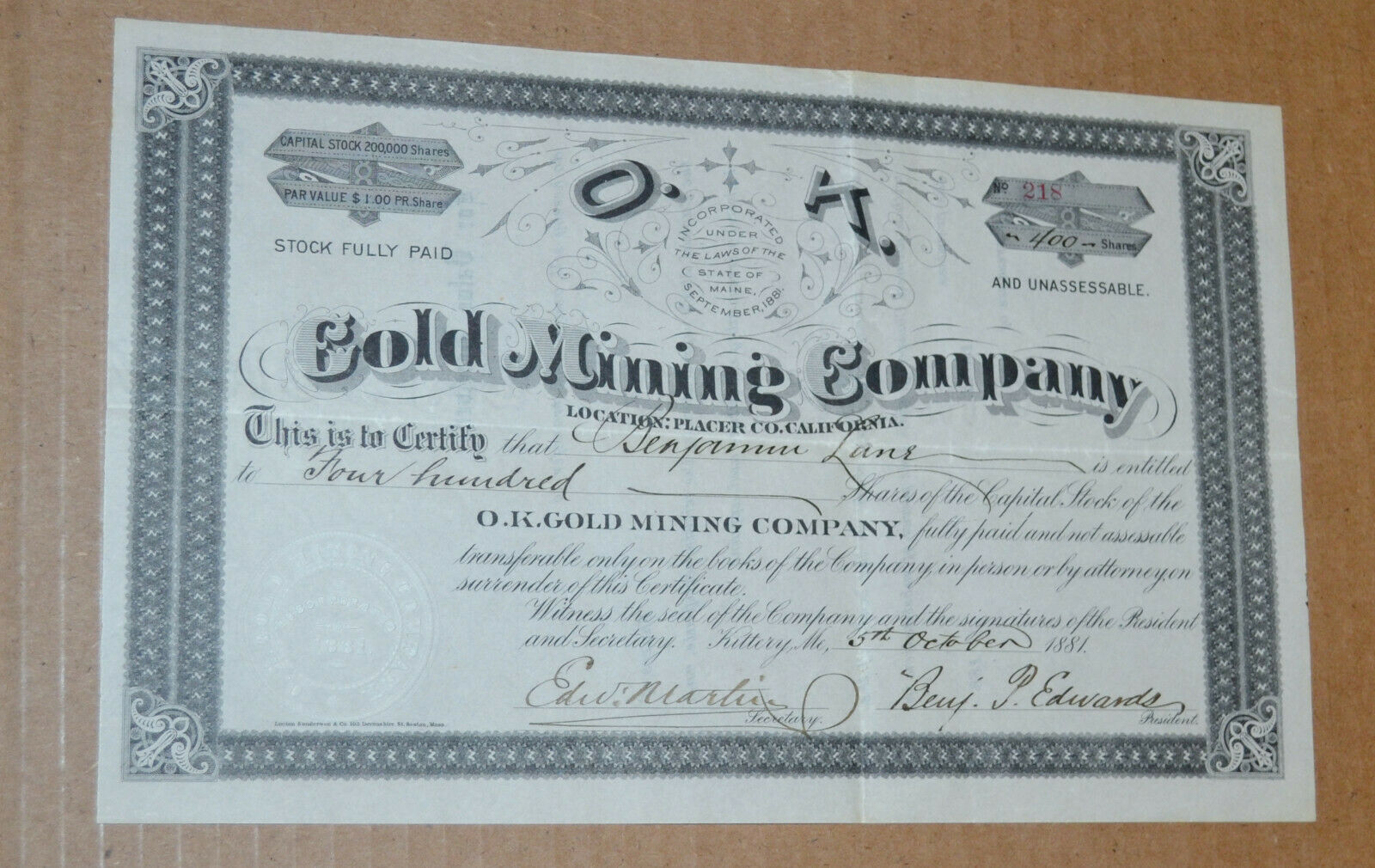 O. K. Gold Mining Company 1881 Antique Stock Certificate