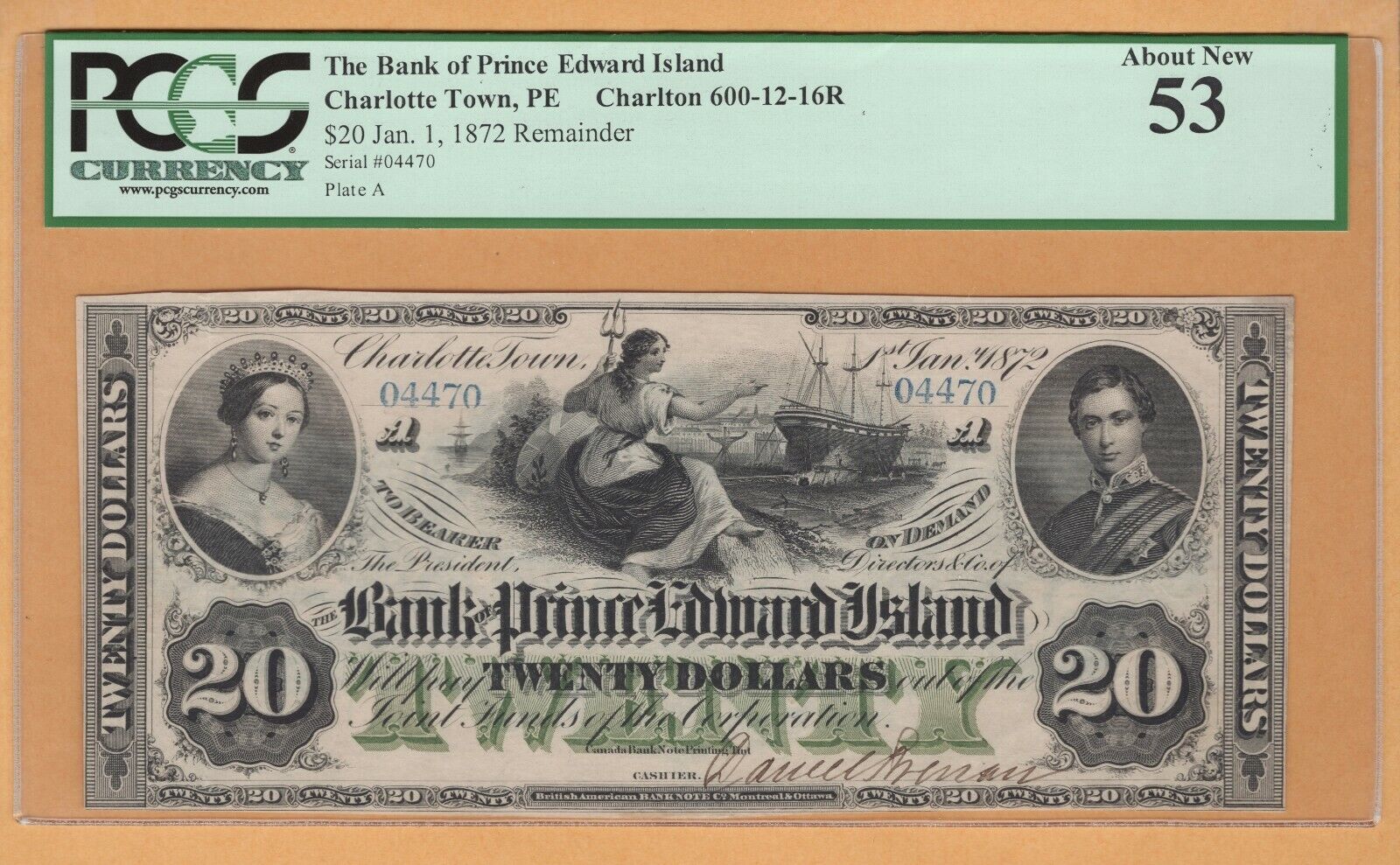 Bank Of Prince Edward Island Remainder $20 1872 6001216r Pcgs-53 Banknote