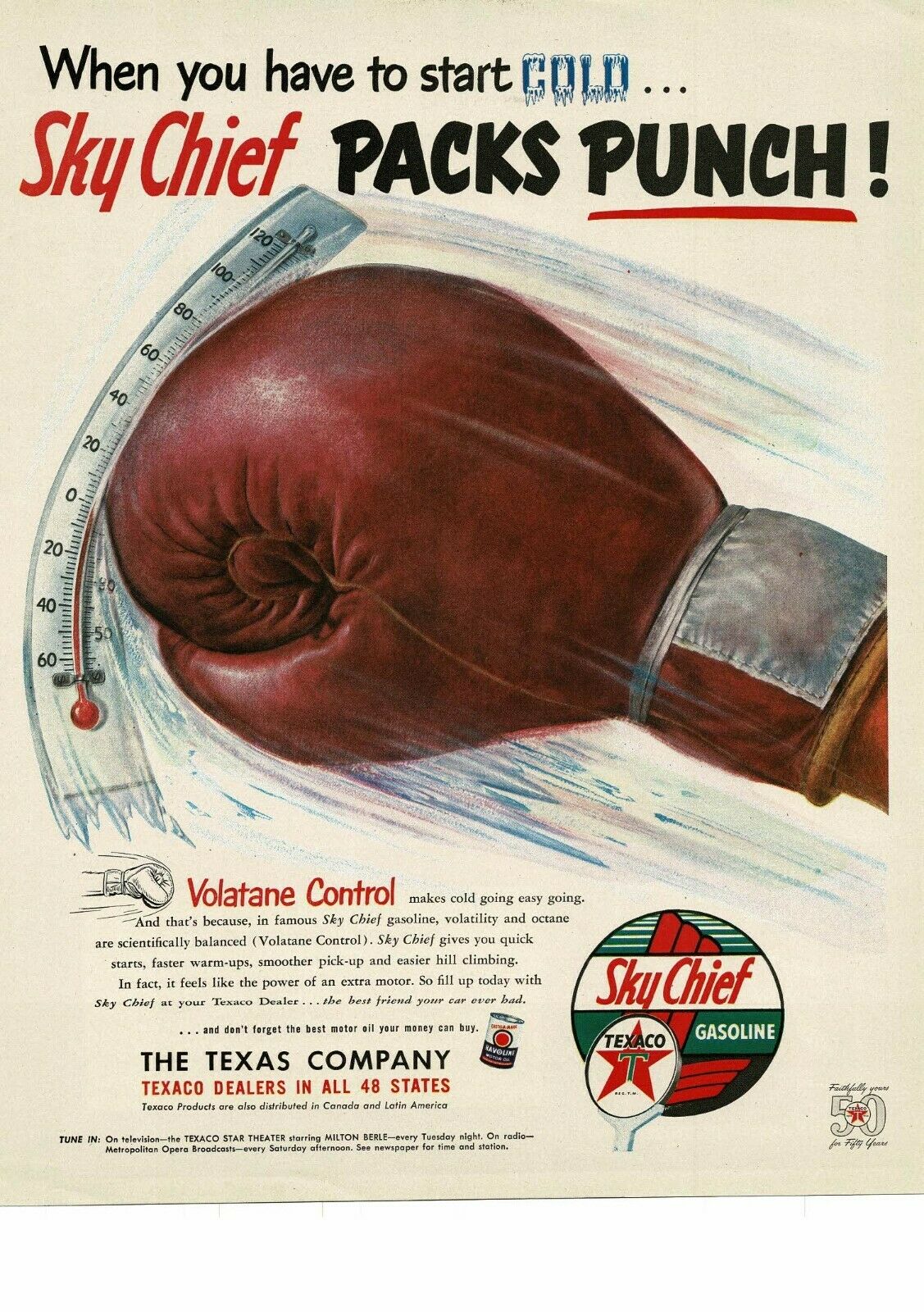 1952 Texaco Sky Chief Gasoline Red Boxing Glove Punches Thermometer Vintage Ad