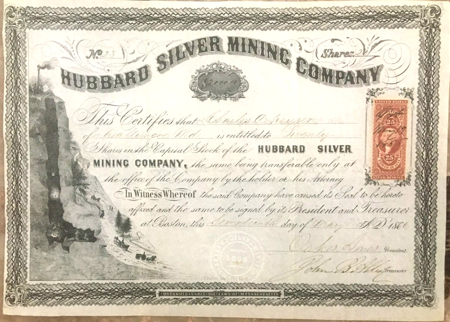 Hubbard Silver Mining Co Stock, Signed By Oakes Aames,rare Signature Piece, 1866