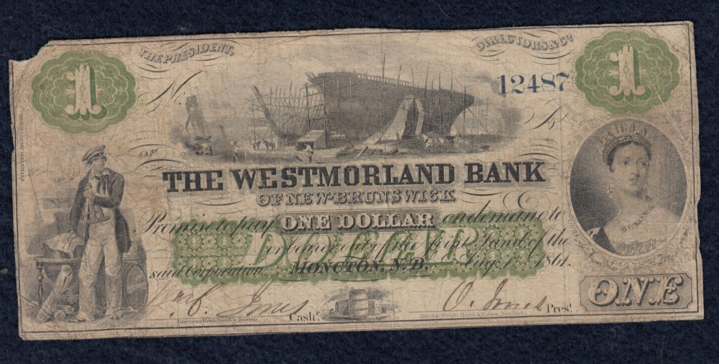 1861 The Westmorland Bank $1 Chartered Bank Note - 800-12-02a - 12487