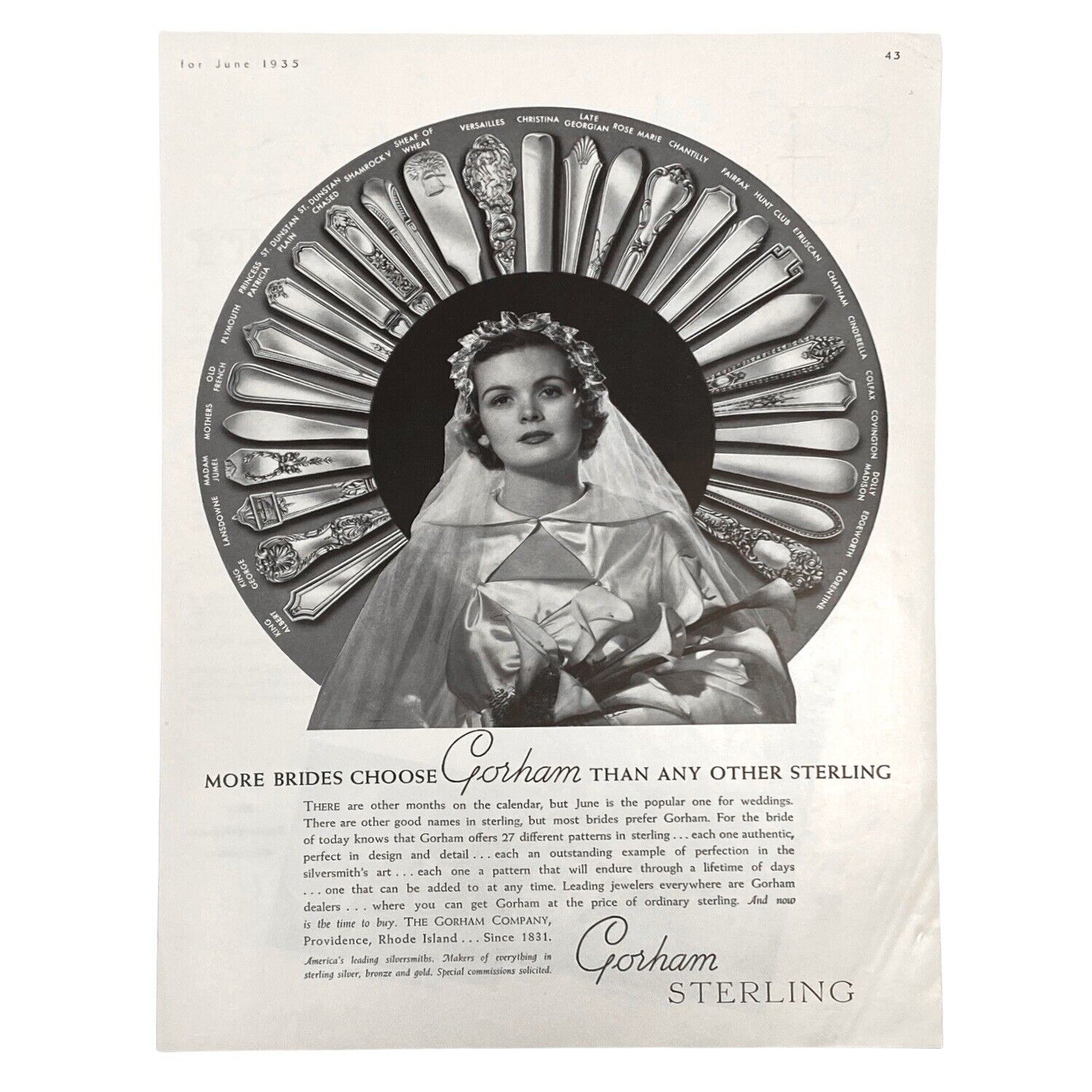 1935  Gorham Sterling Vintage Print Ad Showing Bride - Etruscan, King George ...