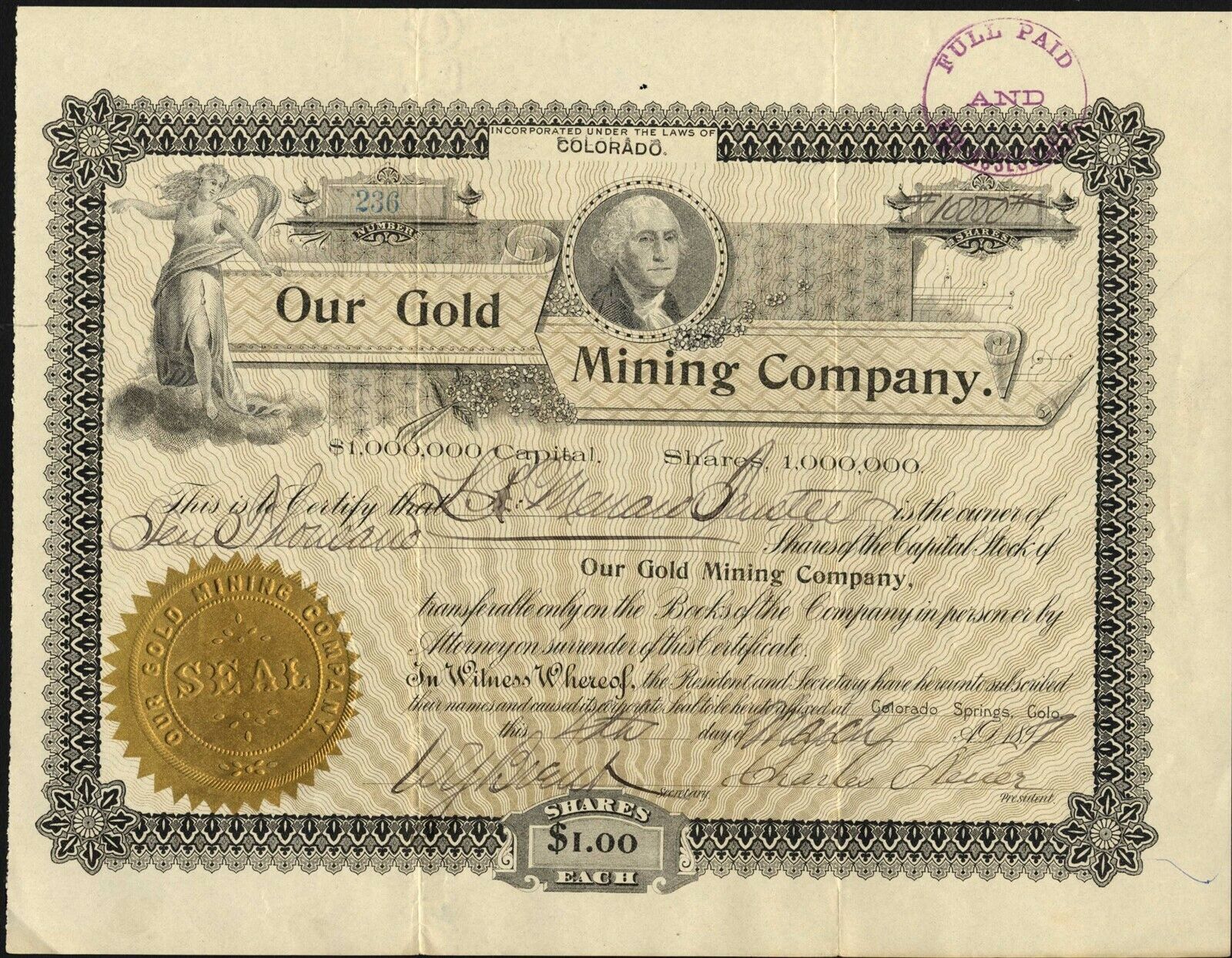 Cripple Creek, Co: Our Gold Mining Co, 1897, Issued And Uncancelled