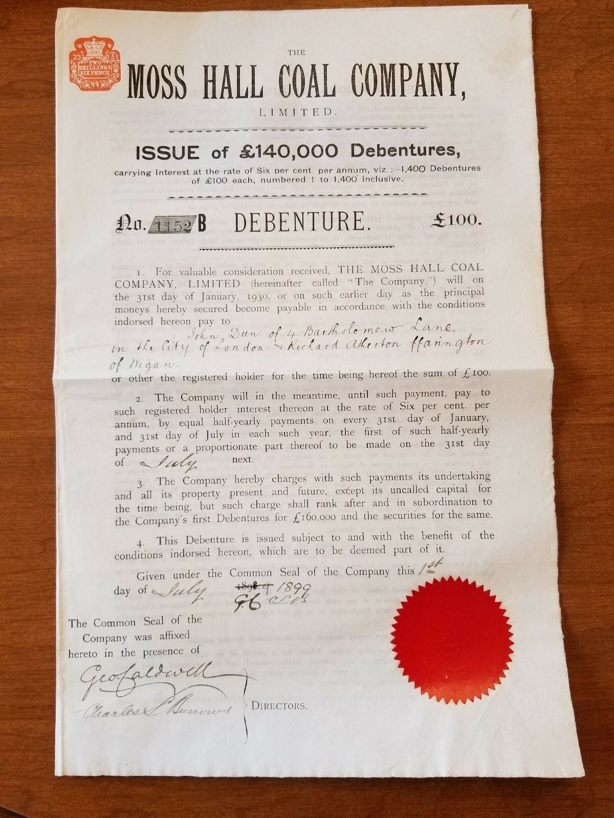 1899 Moss Hall Coal Company Bond Stock Certificate