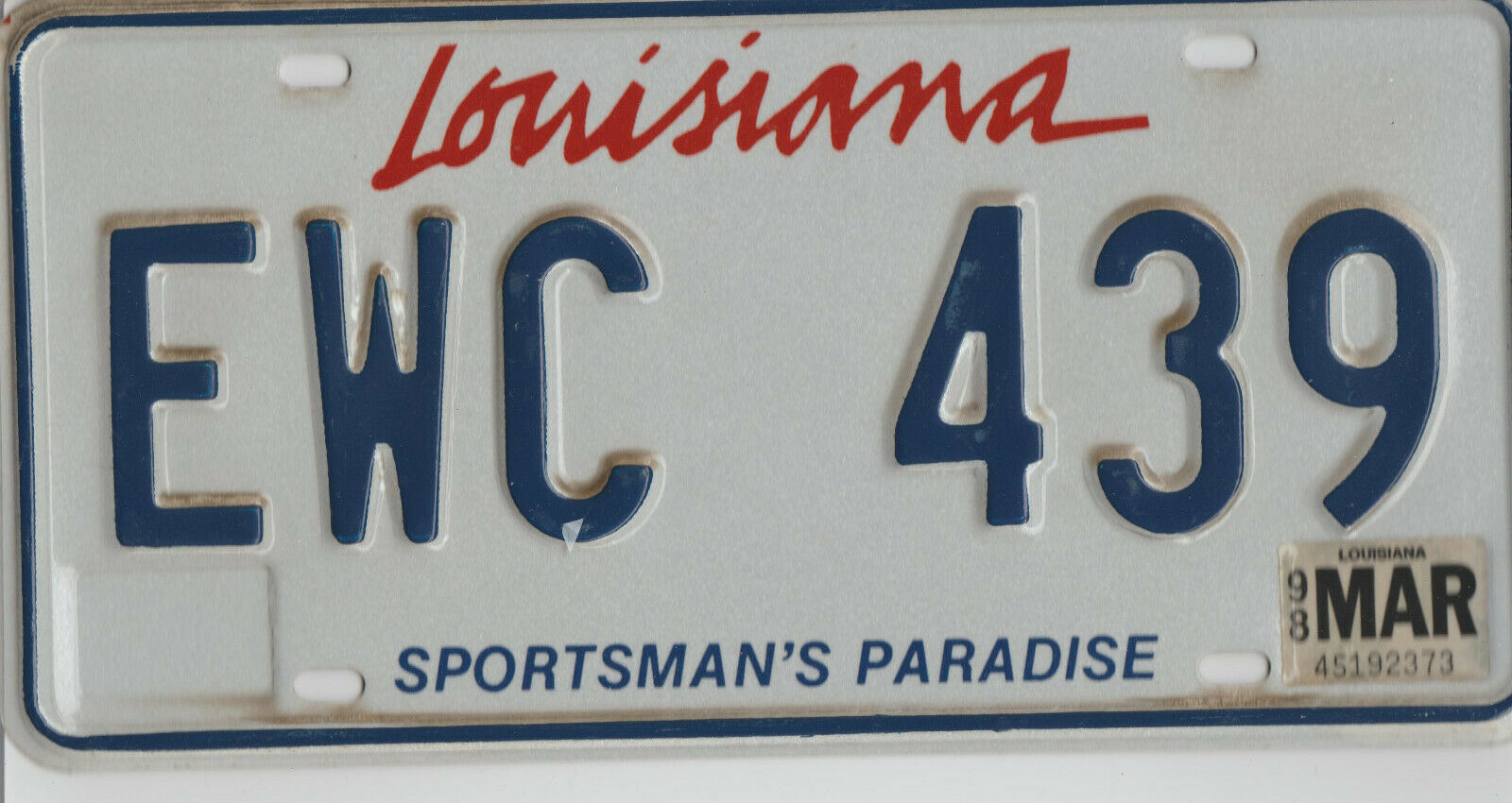 1998 Louisiana License Plate Ewc 439 $15.99 No Reserve!