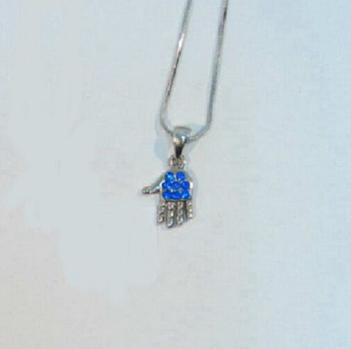 Judaica 1/2" Rhodium Plated Hamsa With Blue Glass Stones Pendant 16" Necklace