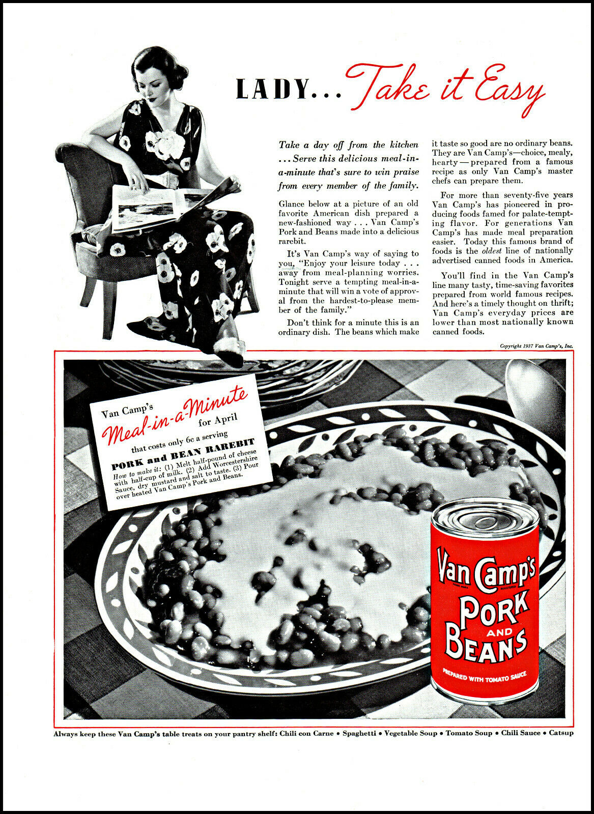 1937 Elegant Woman Chair Van Camp's Pork & Beans Vintage Photo Print Ad L78