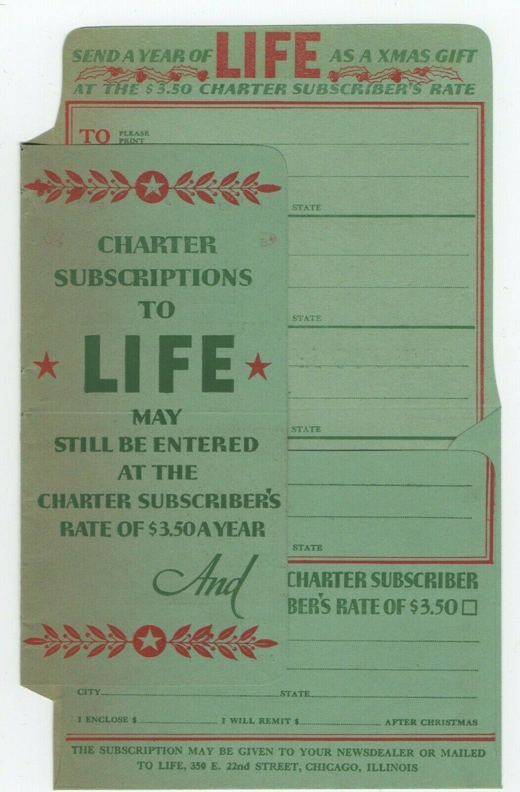 1936 Life Magazine Scarce Charter Subscription Vintage Print Ad Christmas Gift