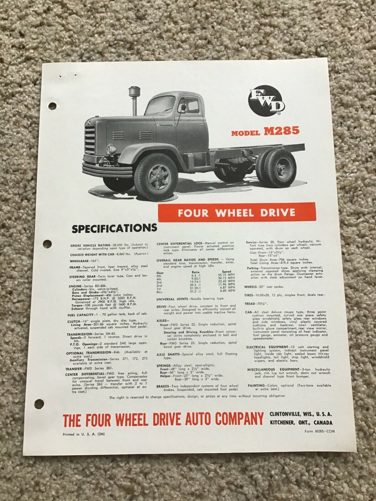 1950s  Fwd Model M285 4-wheel Drive Truck Sales Information.