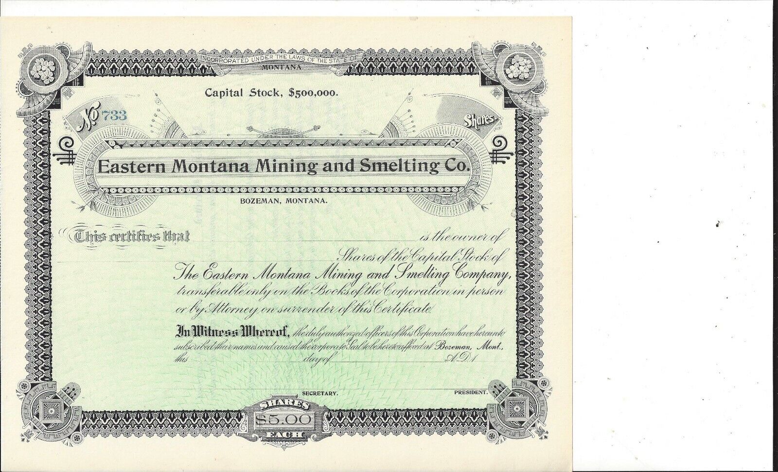 Eastern Montana Mining And Smelting Co (bozeman)..unissued 1890's Stock  Cert.