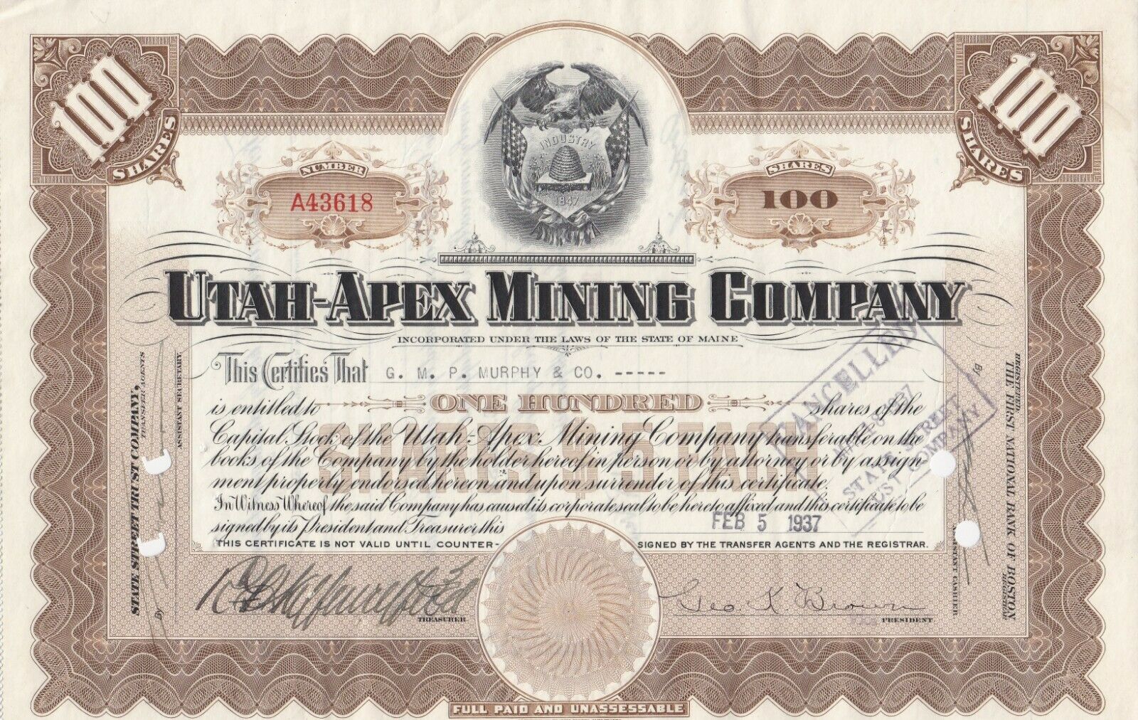 Utah - Apex Mining Company Stock Certificate