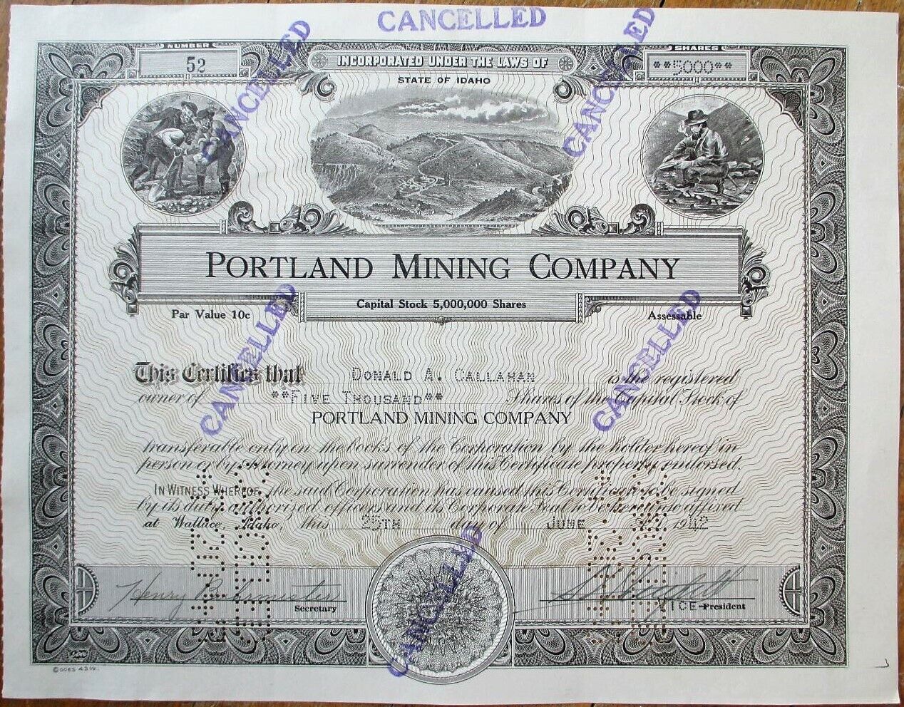 Wallace, Id 1942 Stock Certificate: 'portland Mining Company' - Idaho