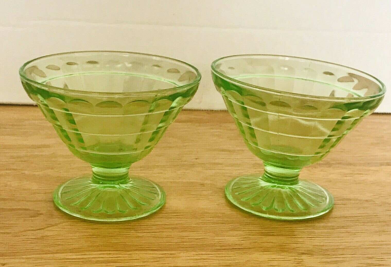 2 Anchor Hocking Block Optic Dessert Cups Green Depression Glass 1930’s Mint