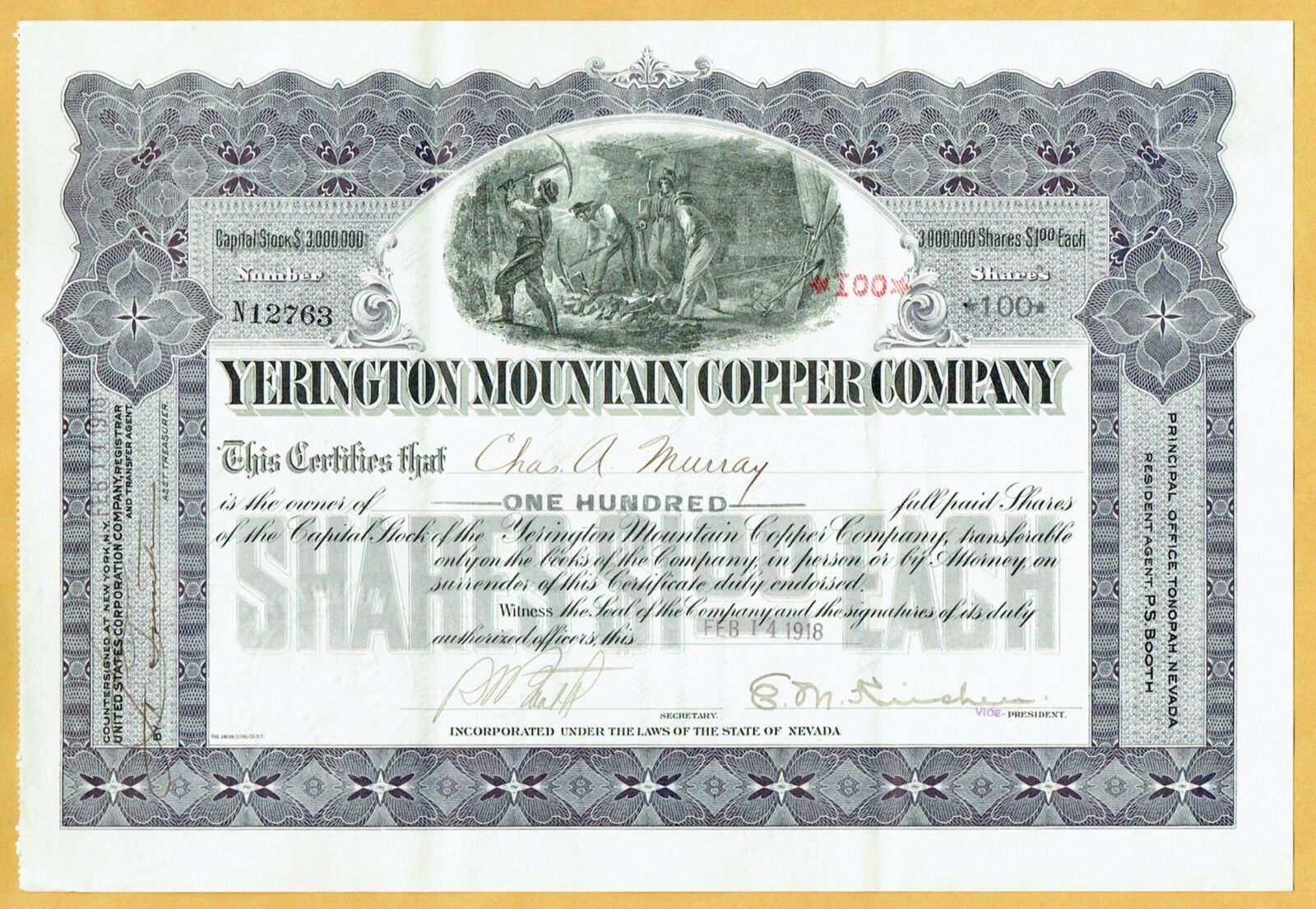 1918 Yerington Mountain Copper Co. Stock Certificate