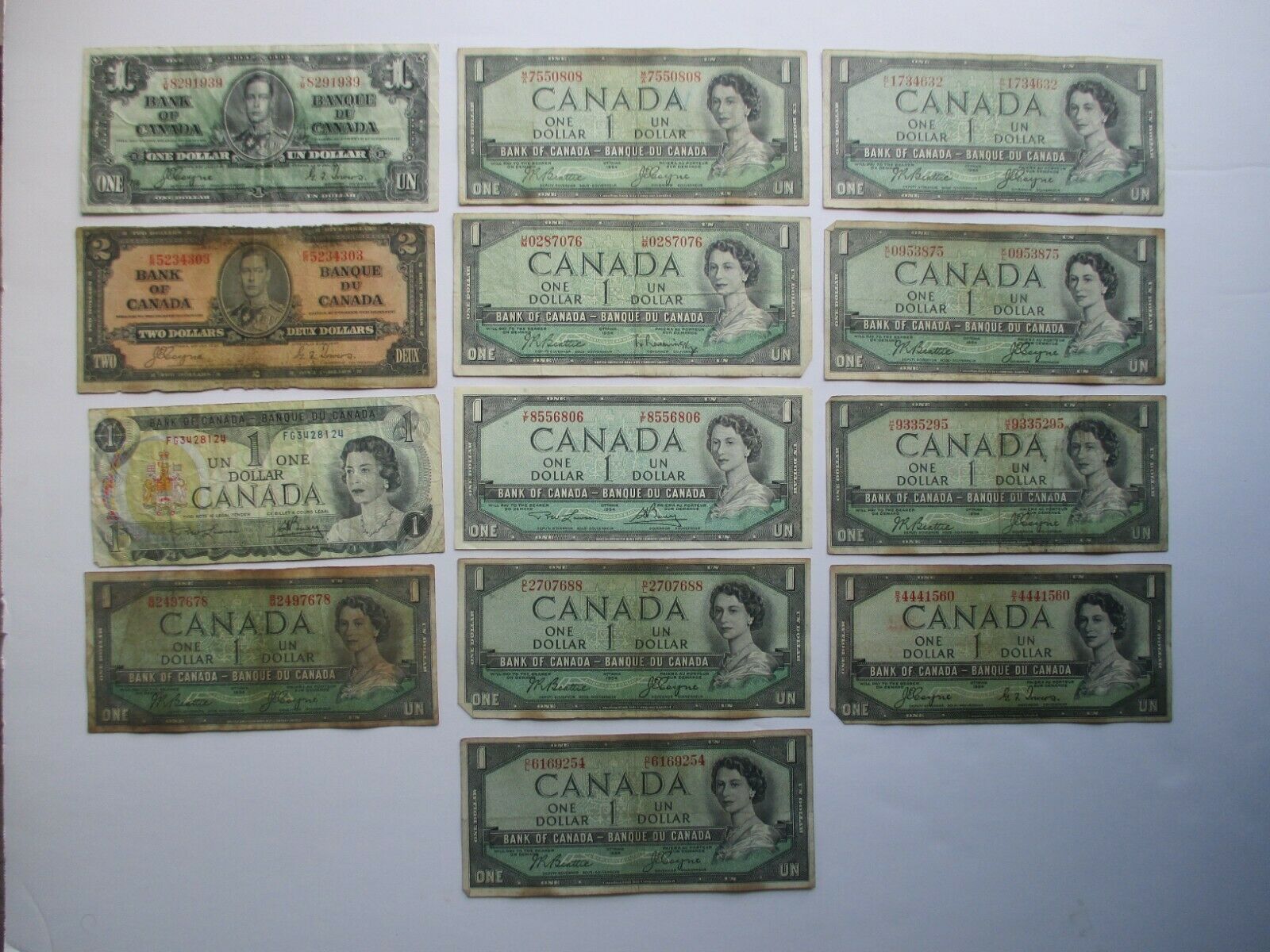 Canadian Notes Lot - (1) 1937 $1 And $2, (10) 1954 $1.00, (1) 1973 $1.00 Notes