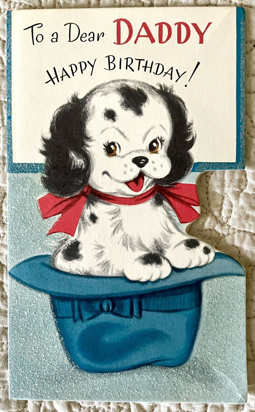 Vintage Dog Puppy Blue Sparkle Hat Die Cut Birthday Greeting Card