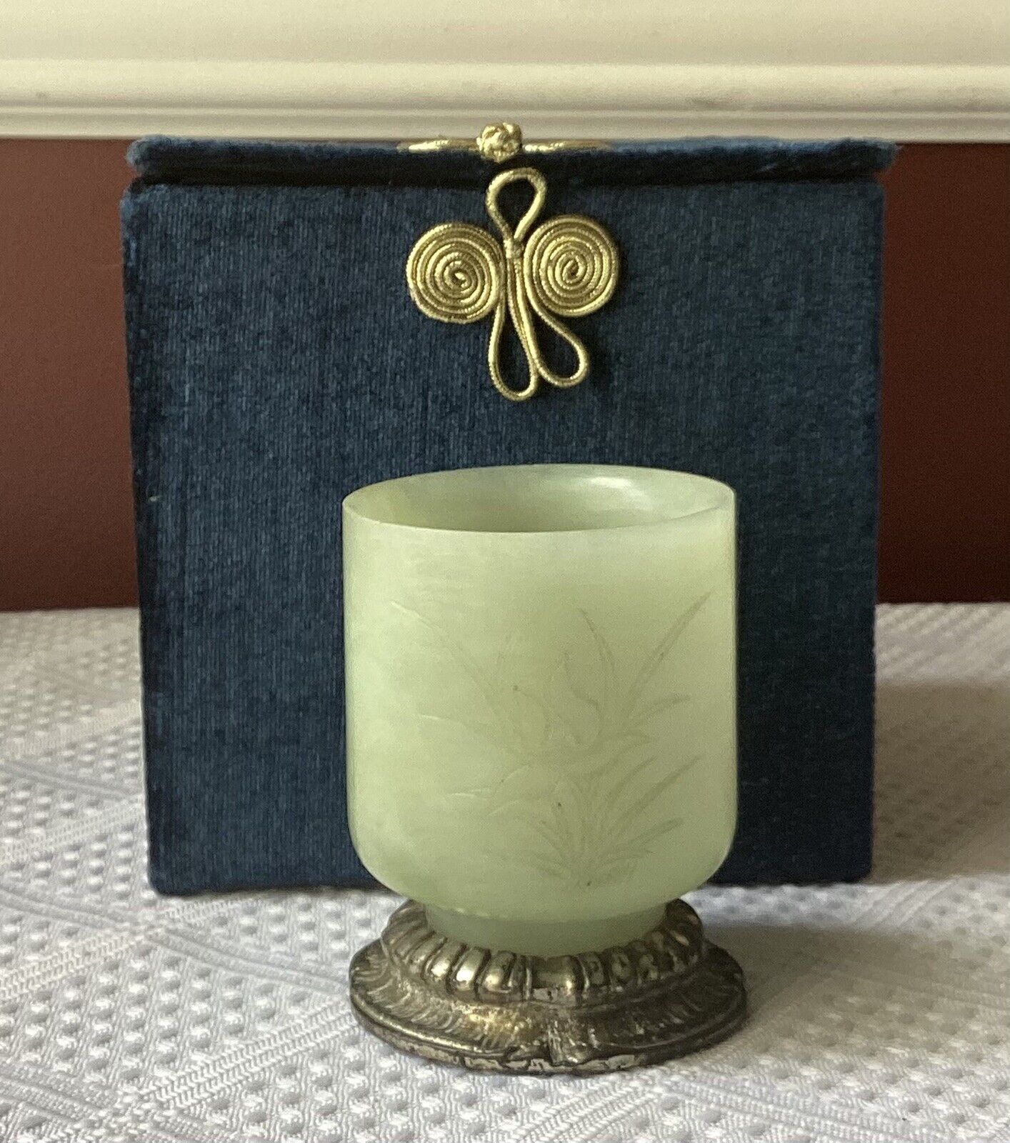 Antique Chinese Jade Cup In Box, 2 5/8” Tall