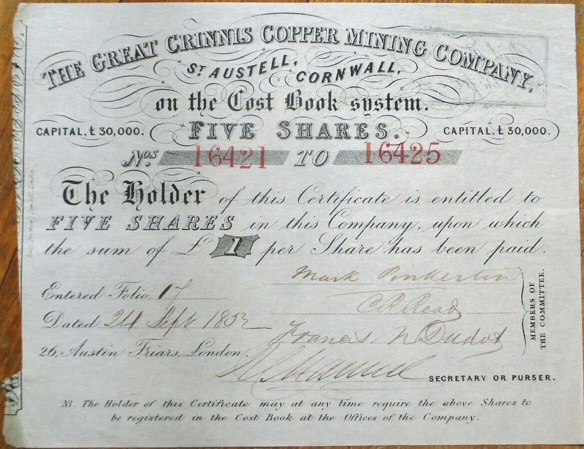 Great Crinnis Copper Mining Company-st Austell, Cornwall- 1853 Stock Certificate