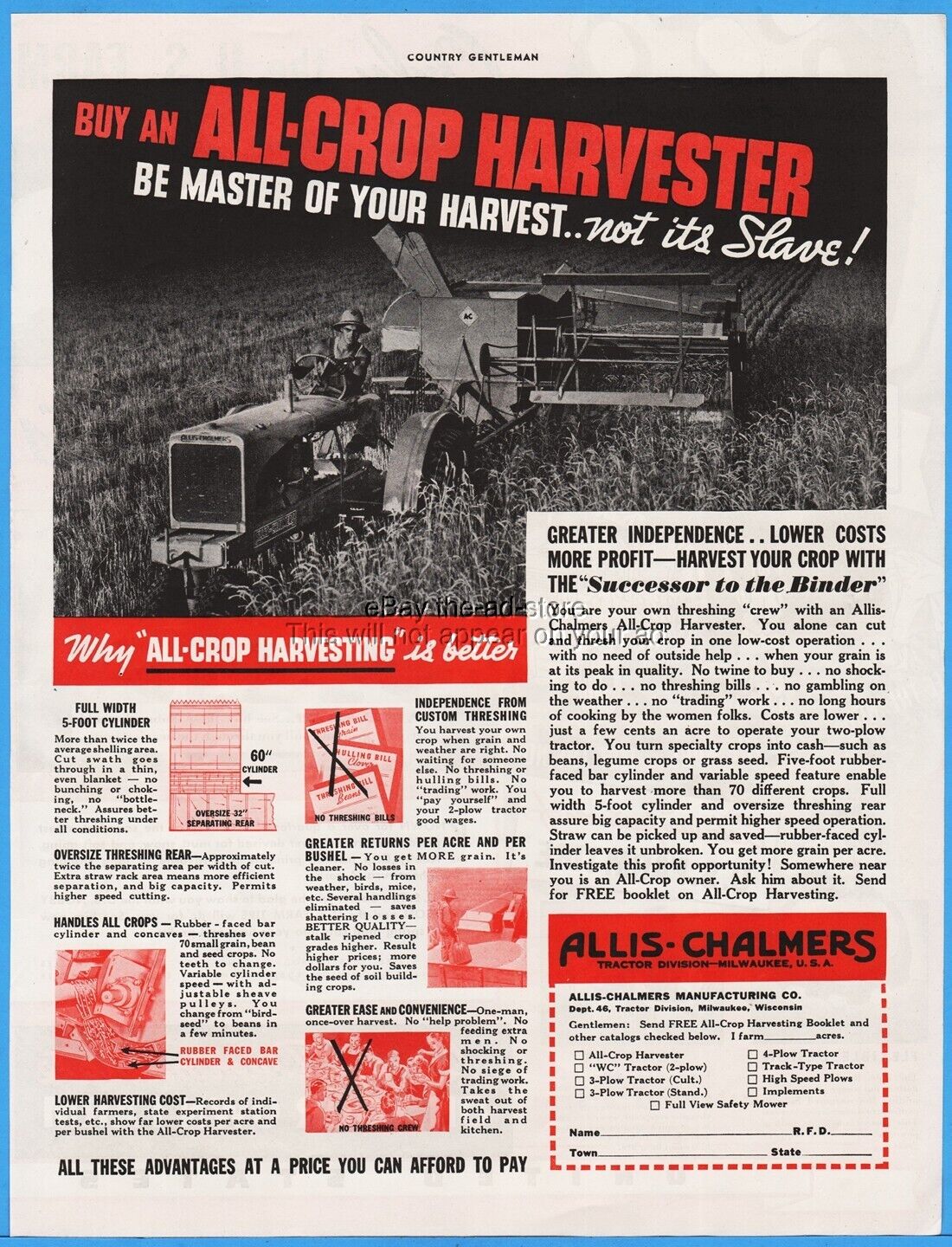 1937 Allis Chalmers All Crop Harvester Tractor Photo Farmer Milwaukee Wi Ad