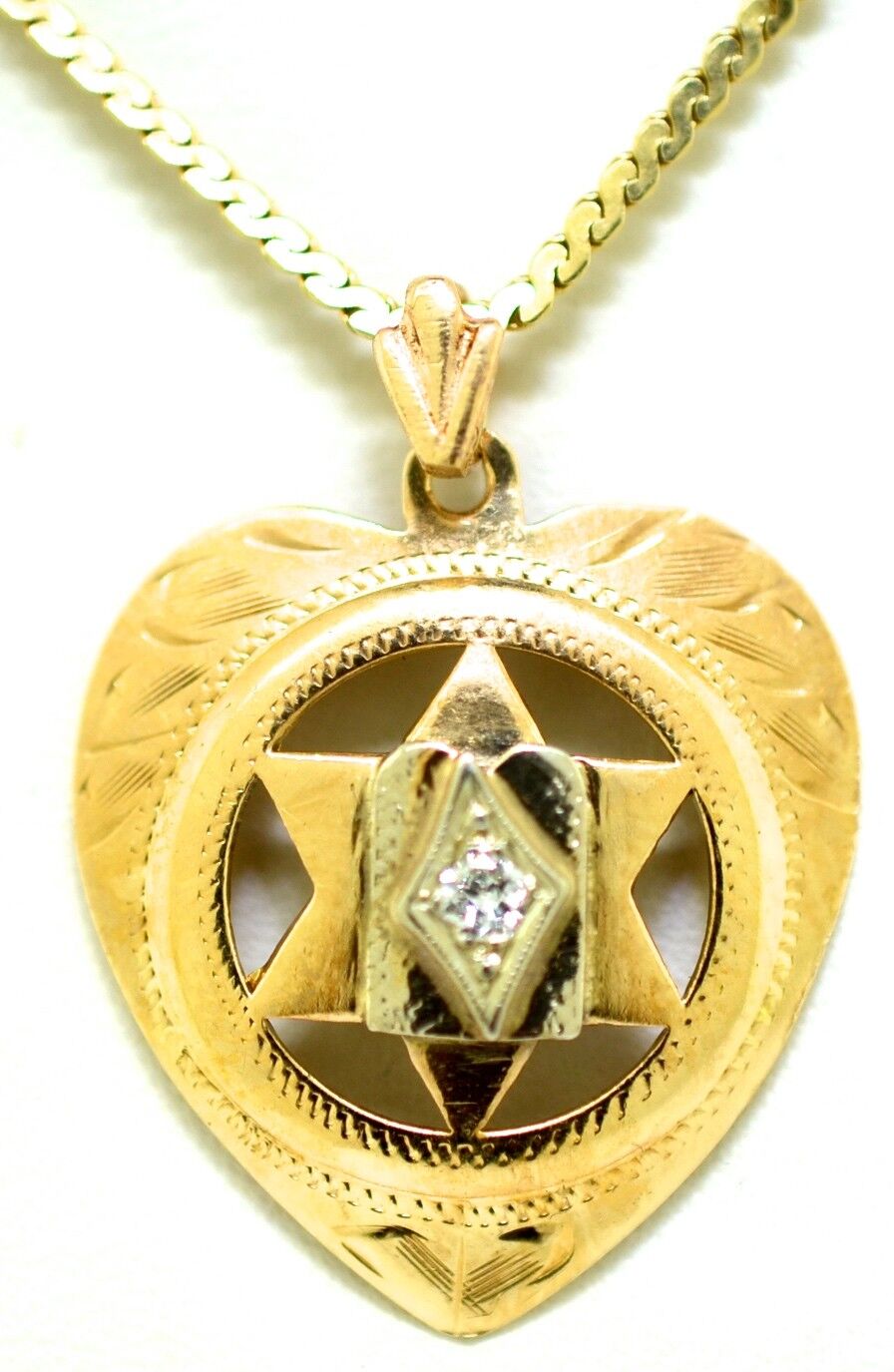 Vintage 14k Yellow Gold And Diamond Star Of David Pendant In A Heart