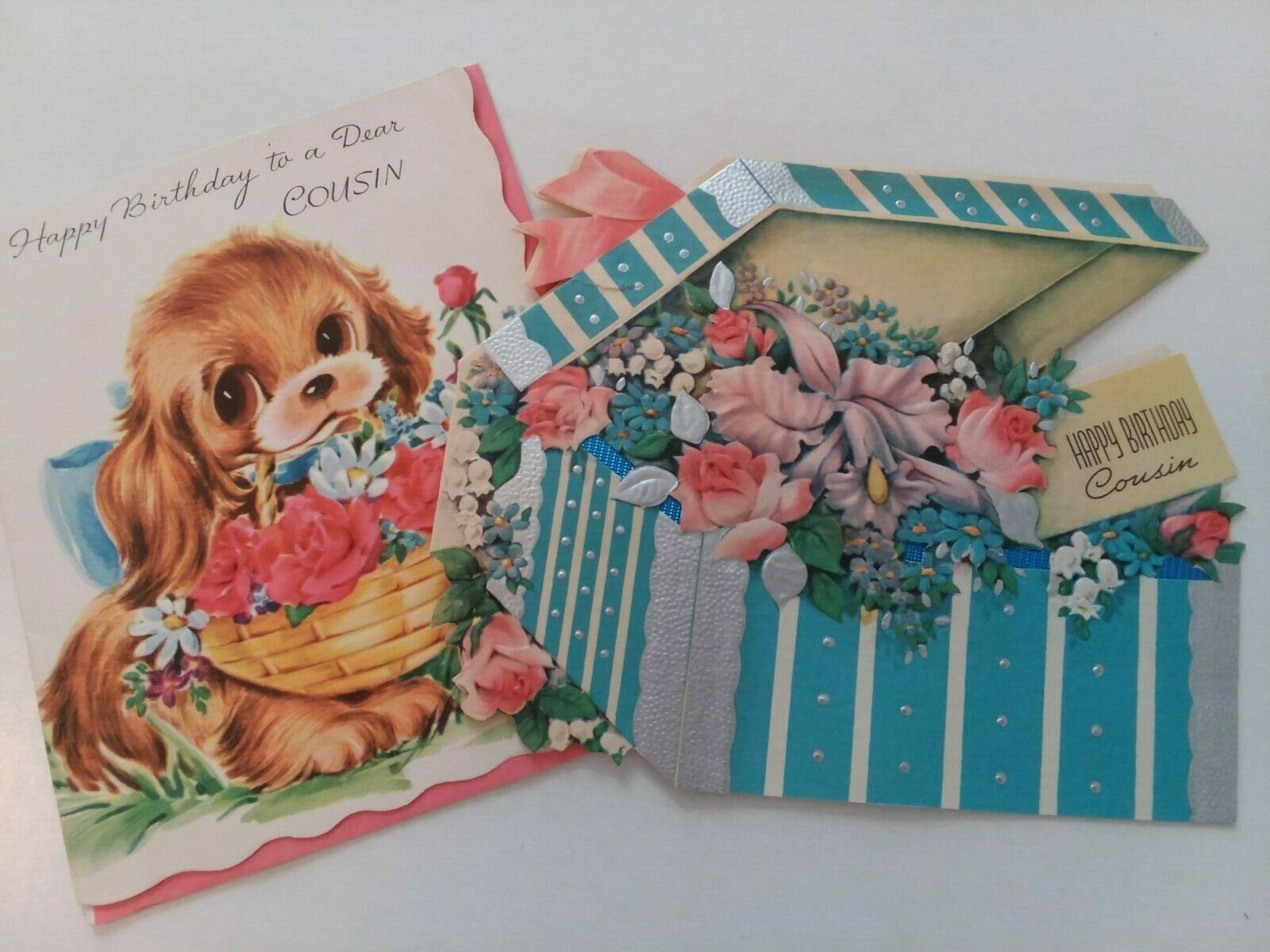2 Vtg 1950s Cousin Happy Birthday Puppy & Box Of Flowers Greeting Cards