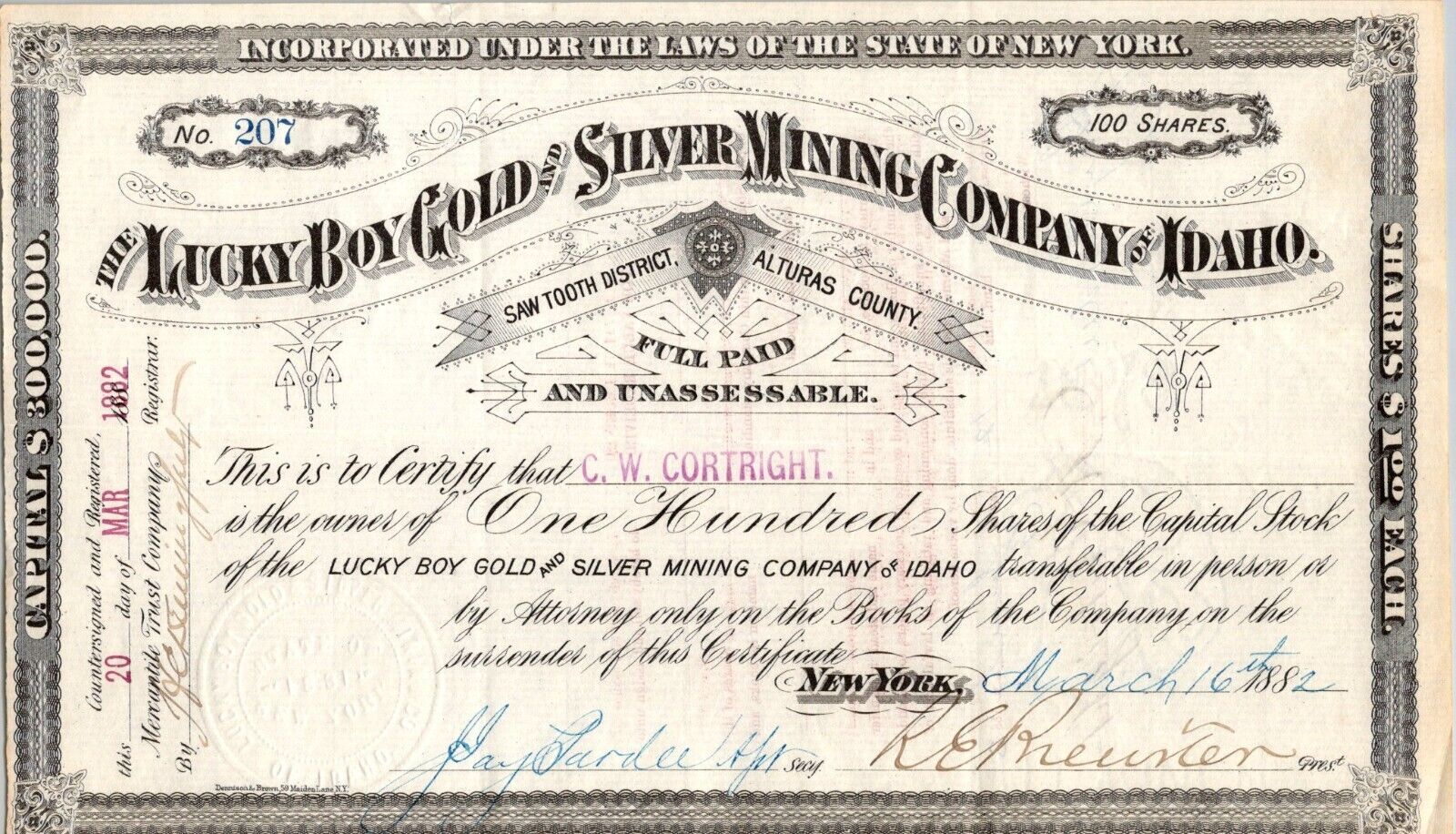 The Lucky Boy Gold And Silver Mining Co Of Idaho.......1882 Stock Certificate