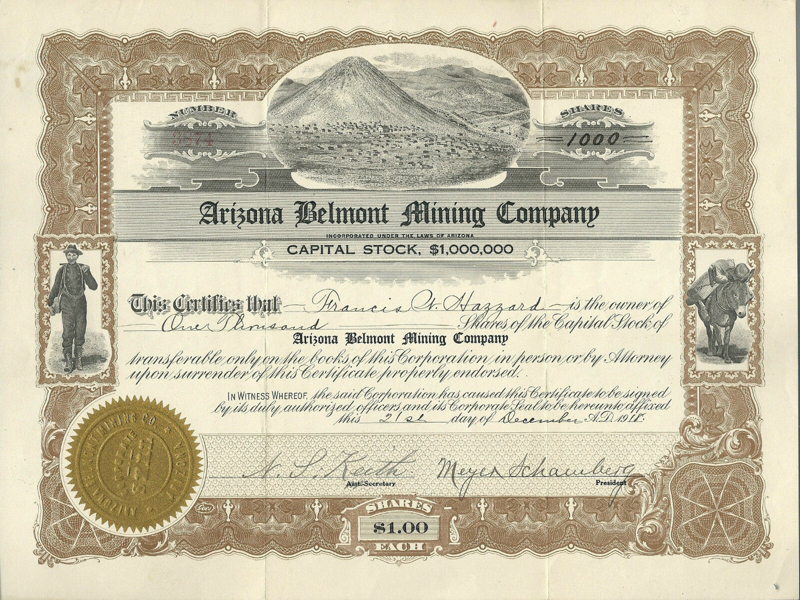 Arizona 1918 Arizona Belmont Mining Company Stock Certificate