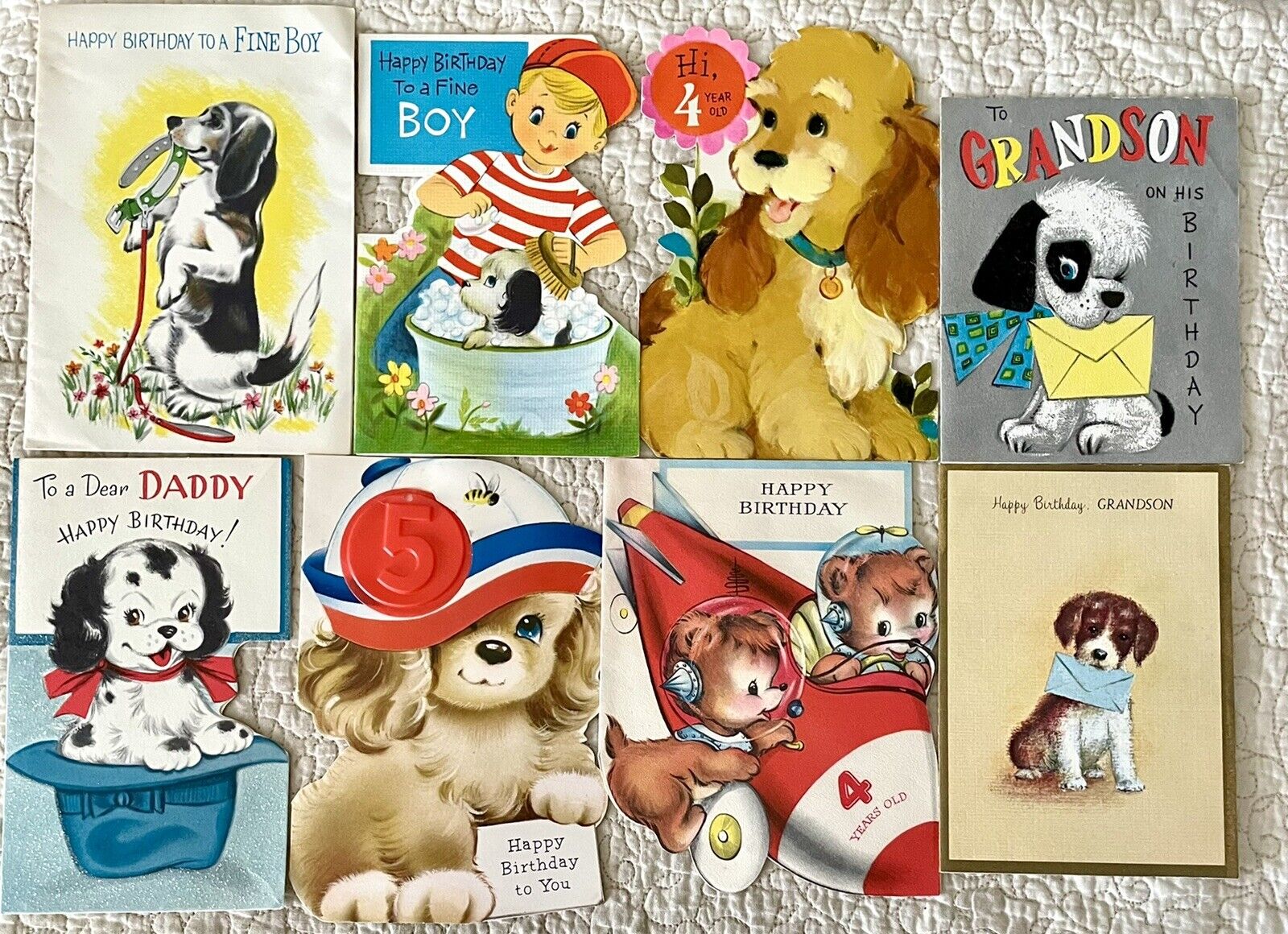 Vintage Lot Of 8 Dog Boy Children Birthday Greeting Cards - Used Not Perfect
