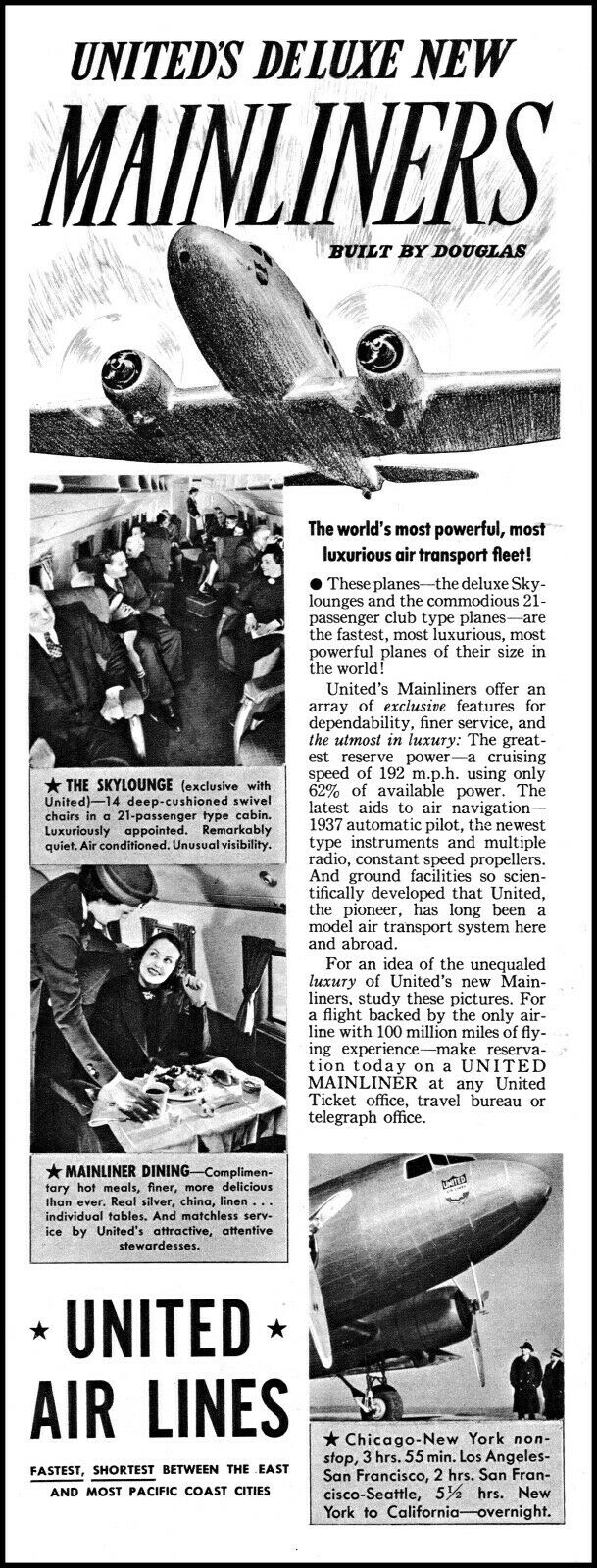 1937 United Airlines New Deluxe Mainliners By Douglas Vintage Photo Print Ad L78