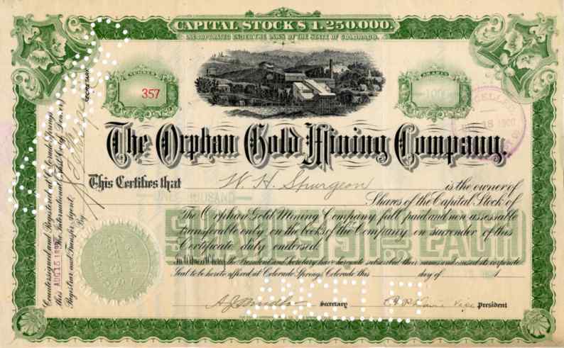 1899 Orphan Gold Mining Stock Certificate -- Cripple Creek