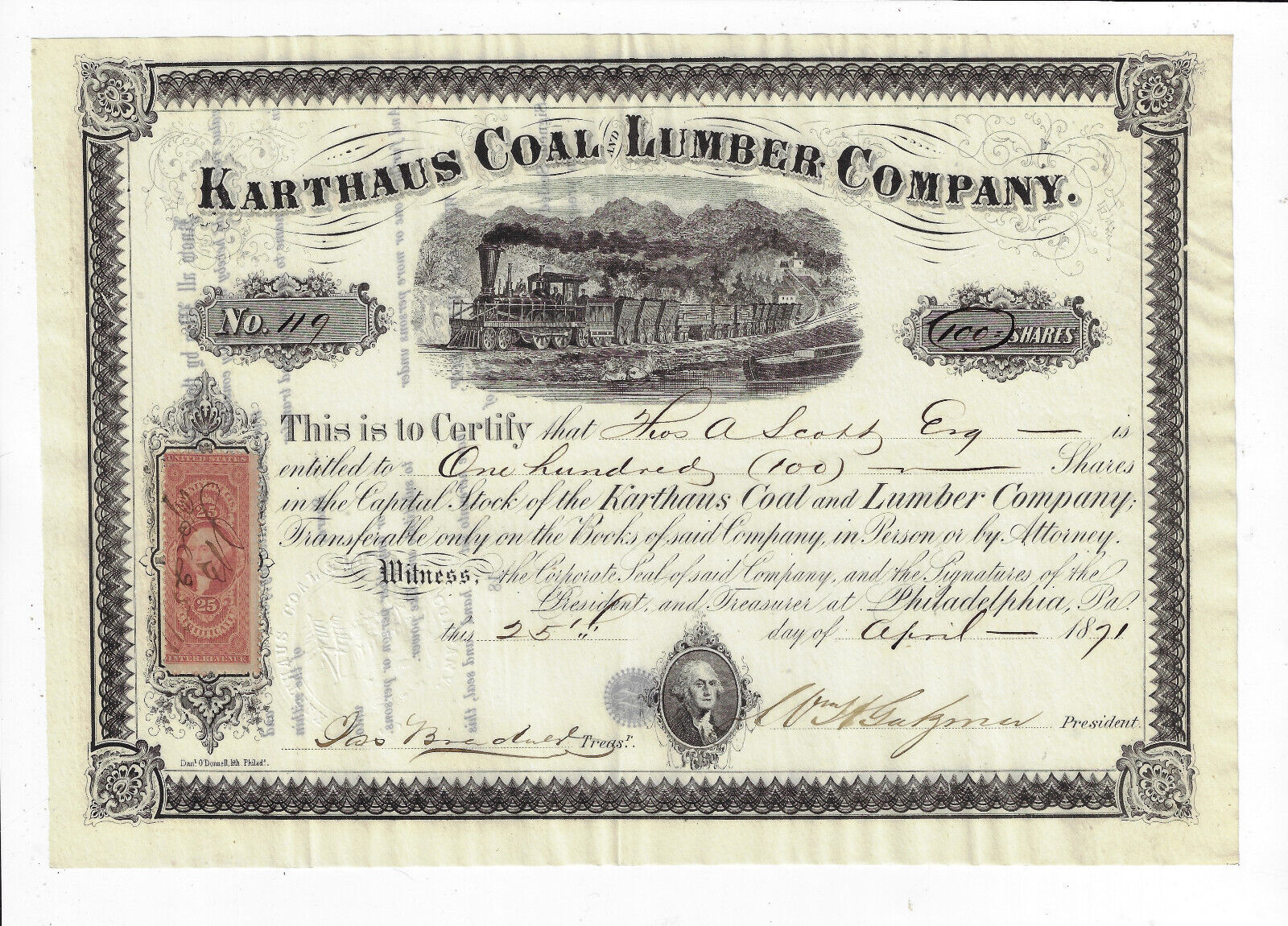 Pennsylvania 1871 Karthaus Coal & Lumber Company Stock Certificate Clearfield Co